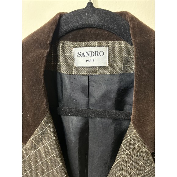 Vintage SANDRO Paris Brown Checked Double-Breasted Velvet Trim Blazer Sz S - Picture 3 of 9